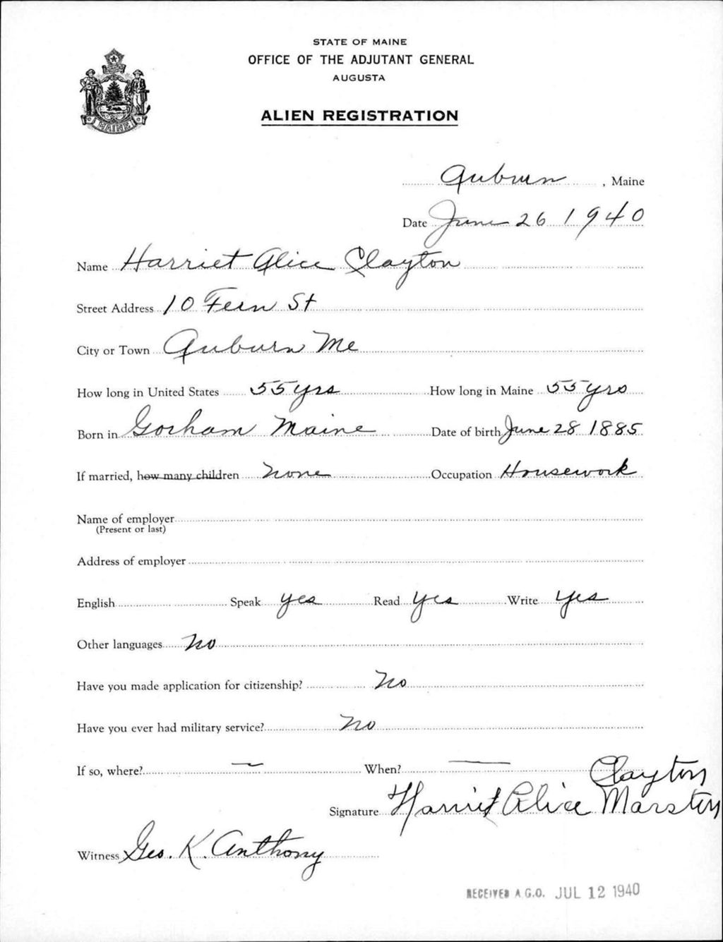 Miniature of Alien Registration- Clayton, Harriet A. (Auburn, Androscoggin County)