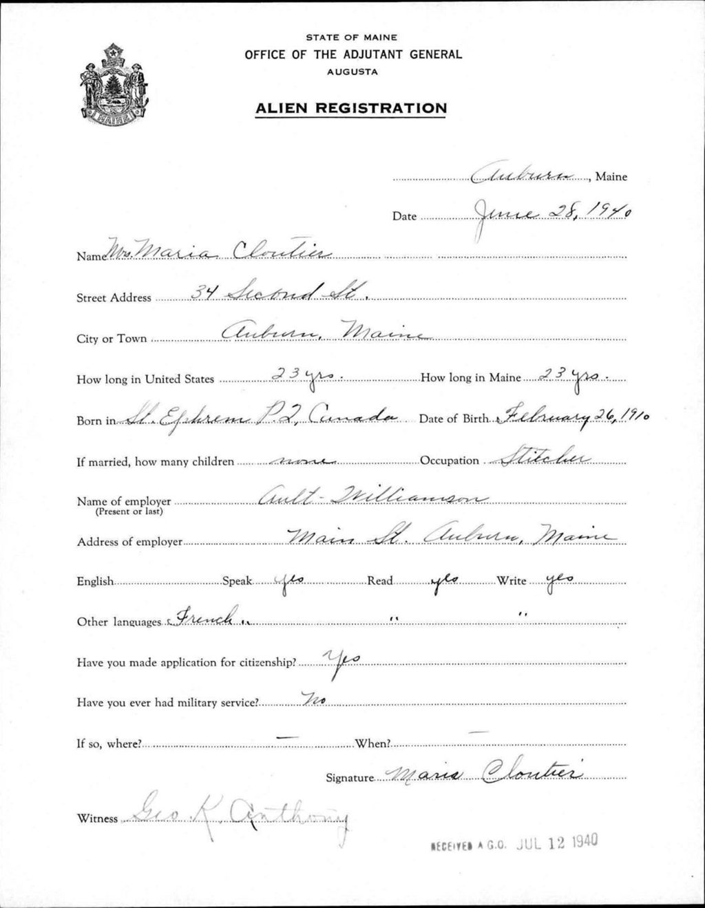 Miniature of Alien Registration- Cloutier, Maria (Auburn, Androscoggin County)