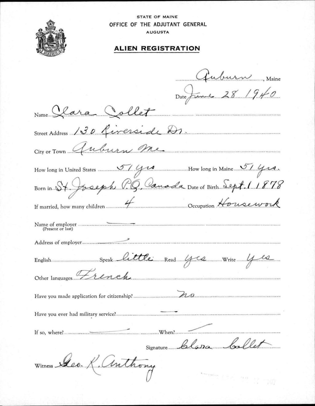 Miniature of Alien Registration- Collet, Clara (Auburn, Androscoggin County)