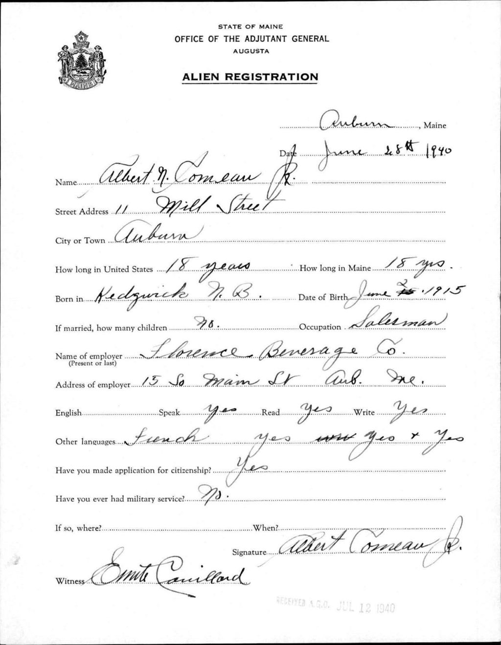 Miniature of Alien Registration- Comeau, Albert N.,Jr. (Auburn, Androscoggin County)