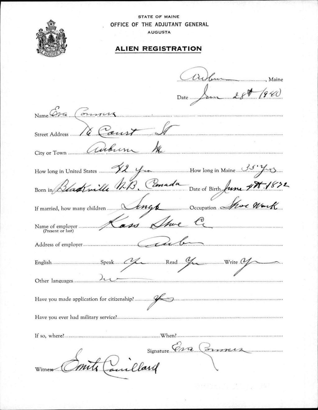 Miniature of Alien Registration- Comers, Eva (Auburn, Androscoggin County)