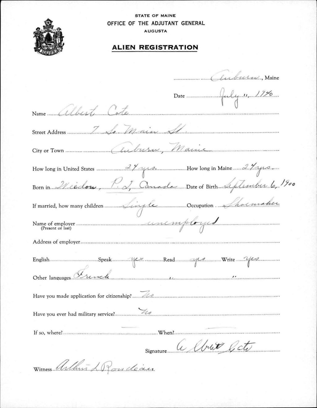 Miniature of Alien Registration- Cote, Albert (Auburn, Androscoggin County)