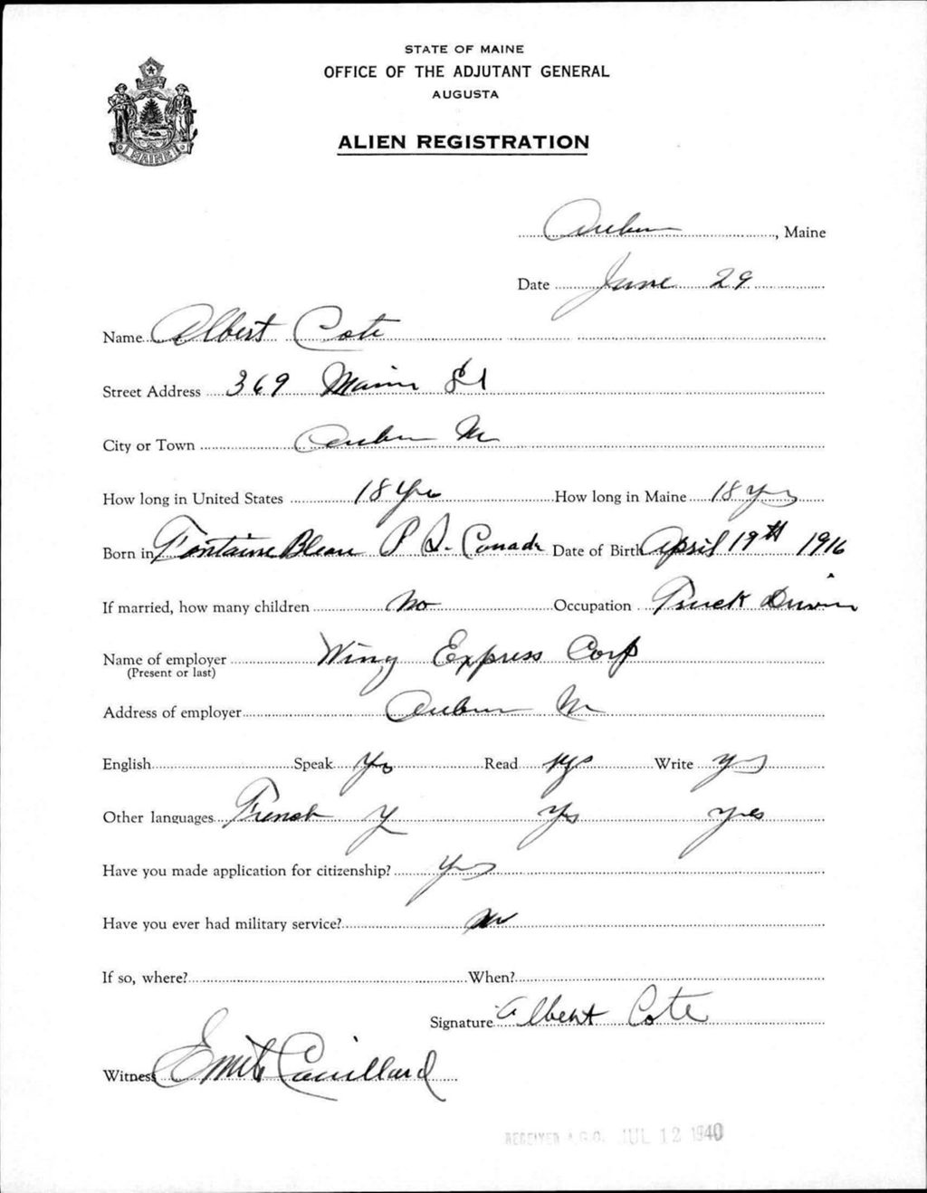 Miniature of Alien Registration- Cote, Albert (Auburn, Androscoggin County)