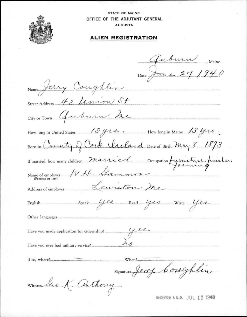 Miniature of Alien Registration- Coughlin, Jerry (Auburn, Androscoggin County)