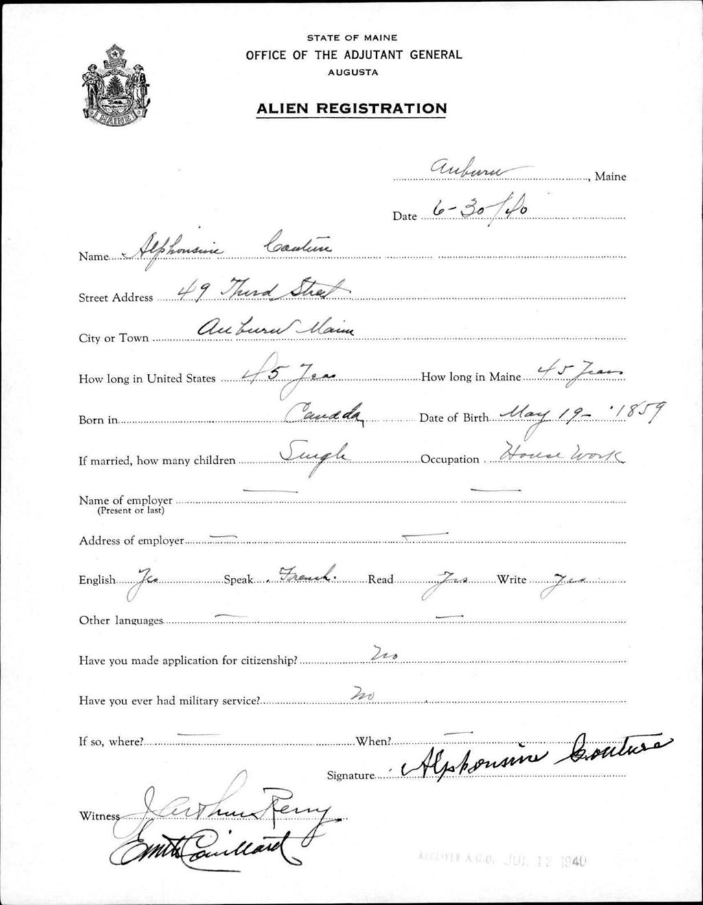 Miniature of Alien Registration- Couture, Alphonsine (Auburn, Androscoggin County)