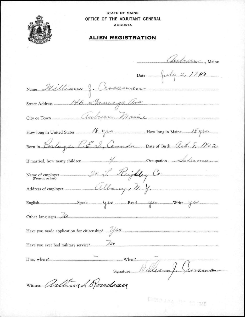 Miniature of Alien Registration- Crossman, William J. (Auburn, Androscoggin County)