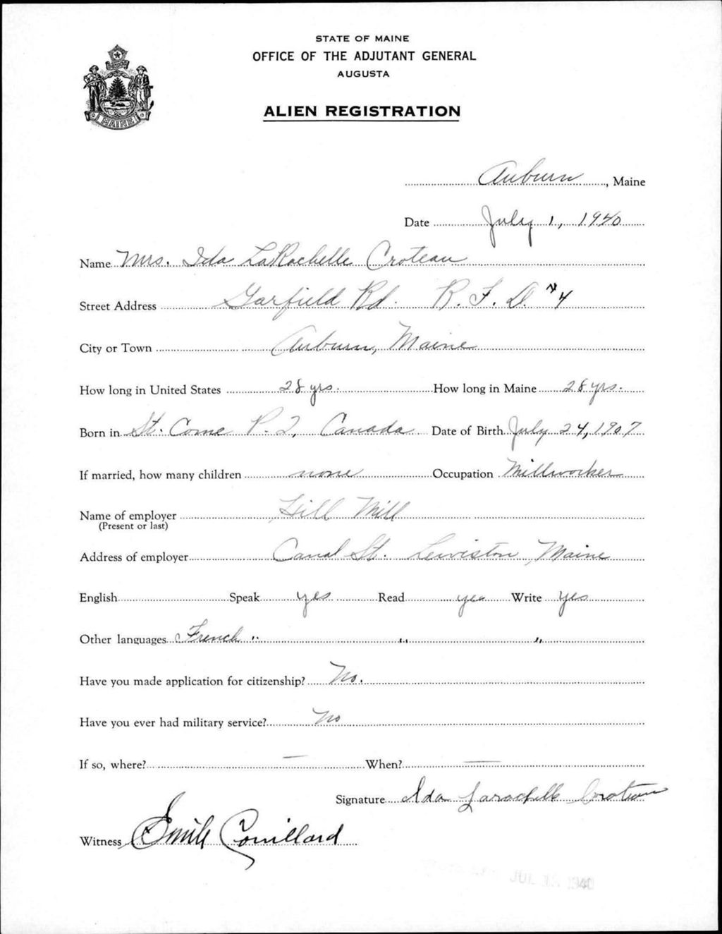 Miniature of Alien Registration- Larachelle, Ida (Auburn, Androscoggin County)
