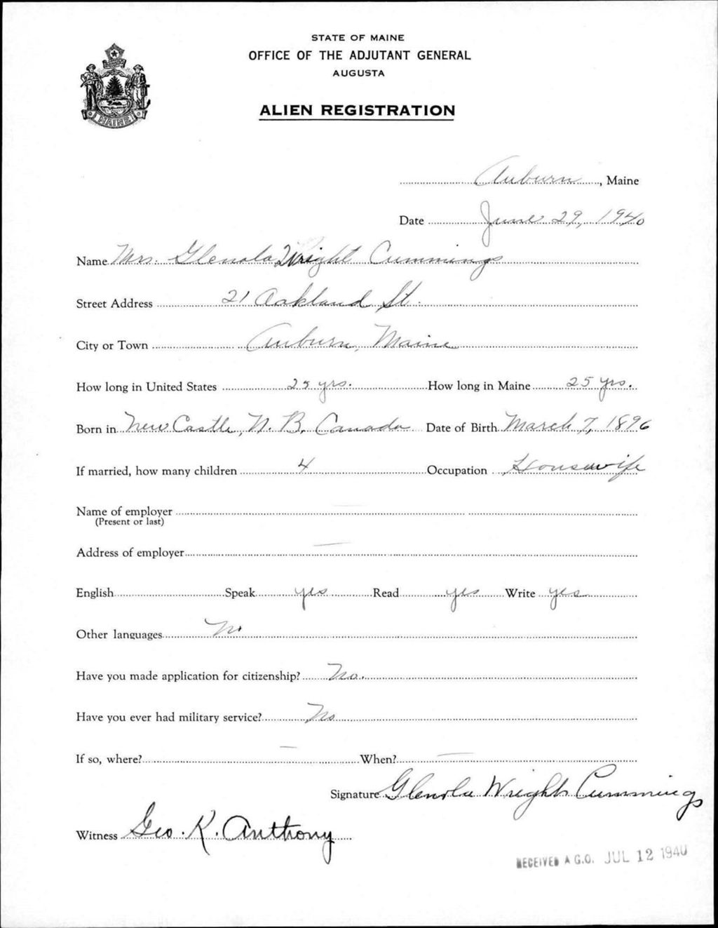 Miniature of Alien Registration- Wright, Glenda (Auburn, Androscoggin County)