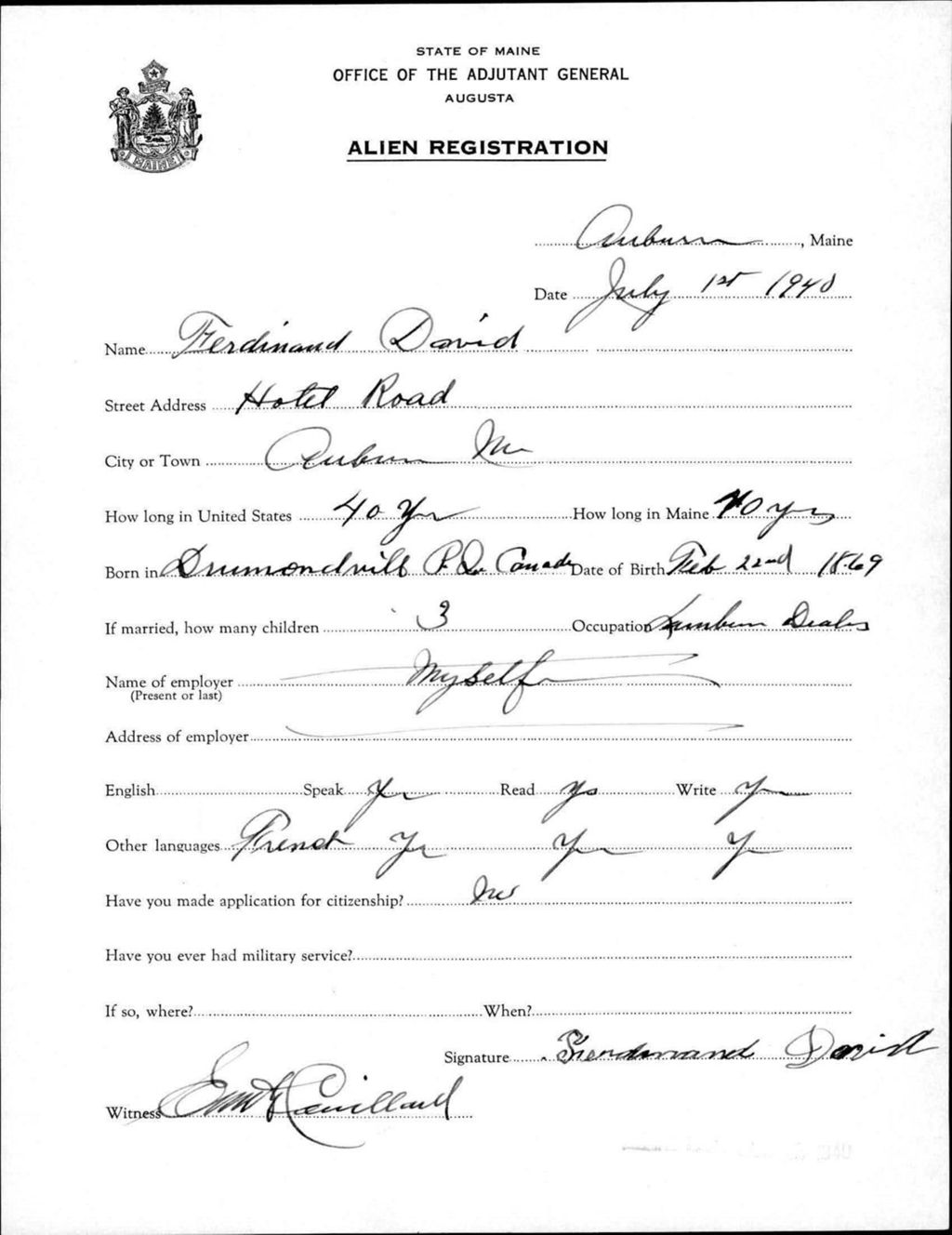 Miniature of Alien Registration- David, Ferinand (Auburn, Androscoggin County)