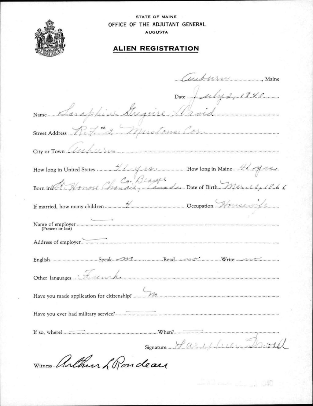 Miniature of Alien Registration- Gregoire, Saraphine (Auburn, Androscoggin County)