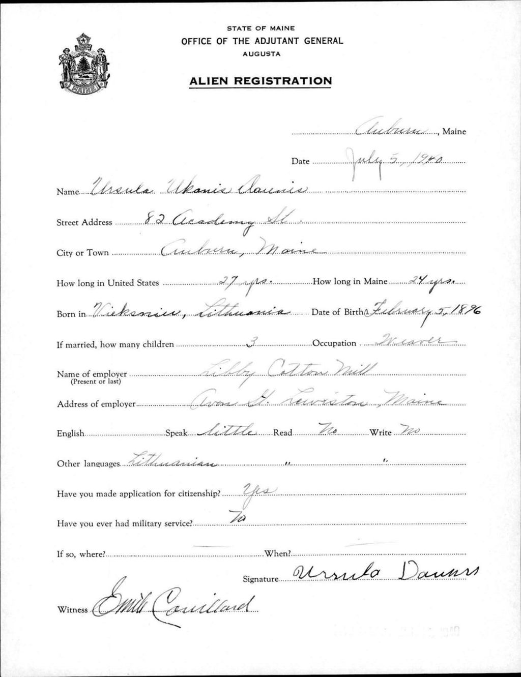 Miniature of Alien Registration- Ukanis, Ursula (Auburn, Androscoggin County)