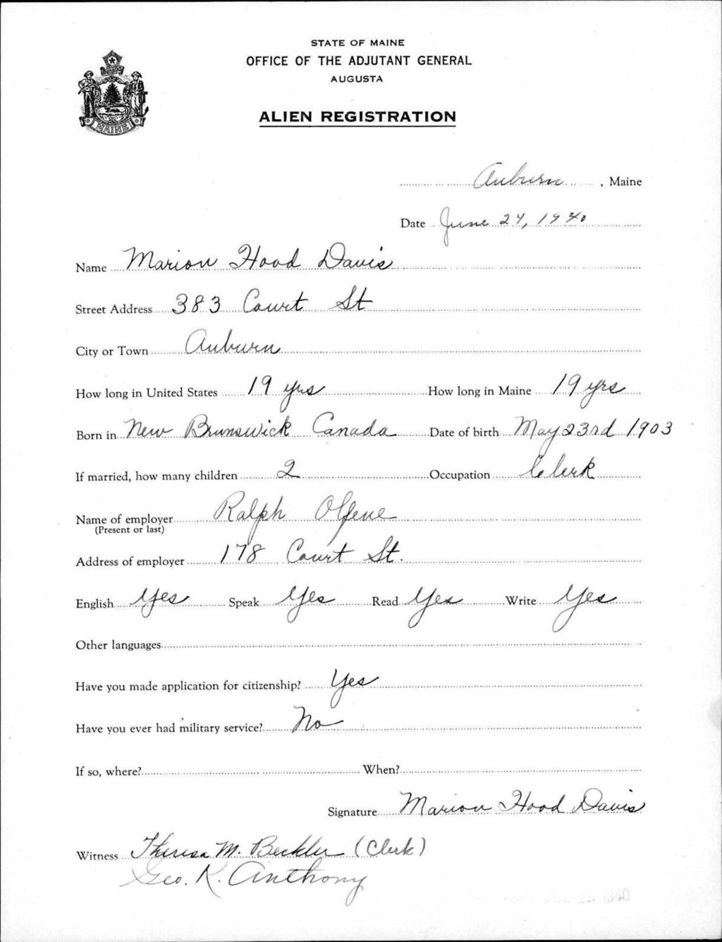 Miniature of Alien Registration- Hood, Marion (Auburn, Androscoggin County)