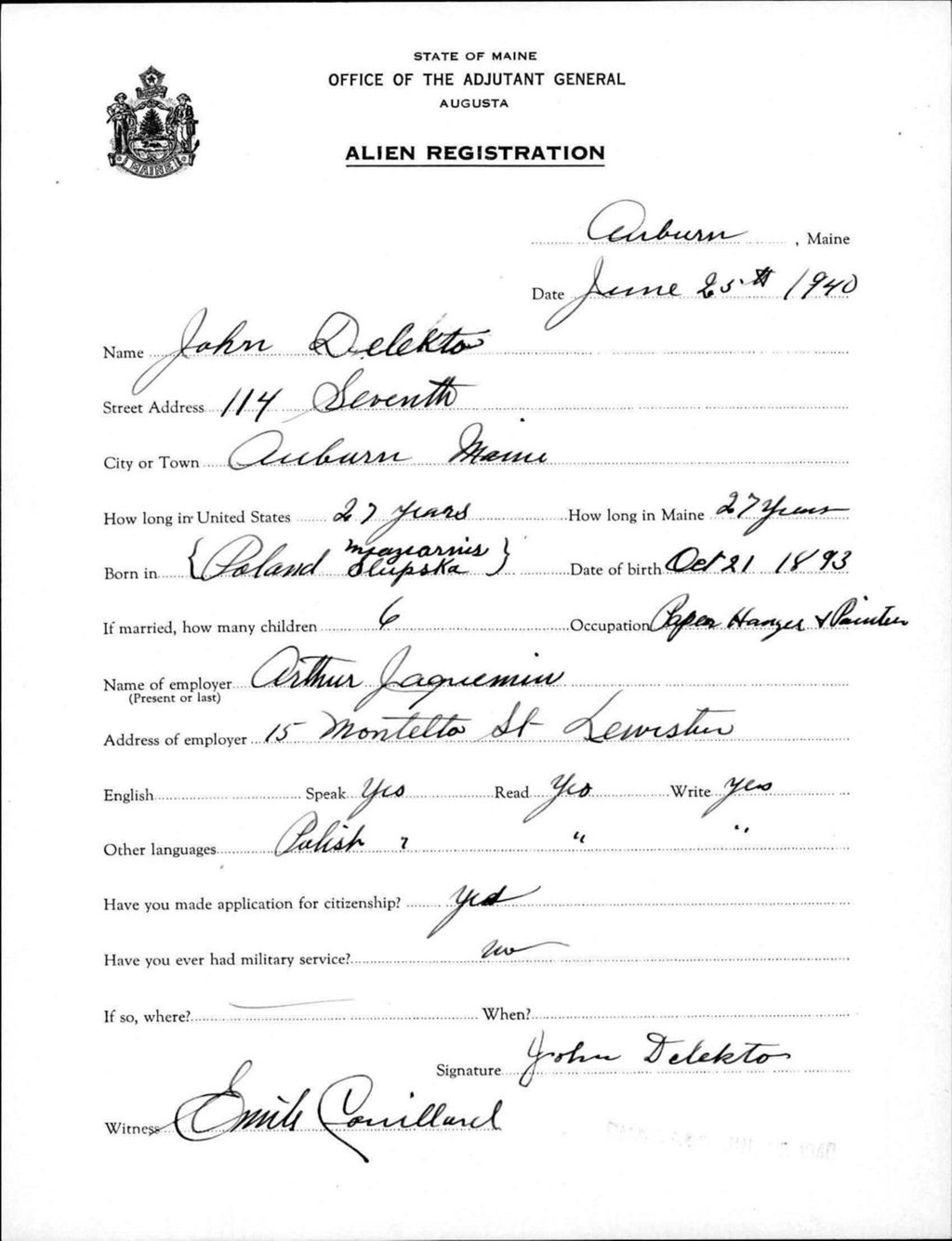 Miniature of Alien Registration- Delekto, John (Auburn, Androscoggin County)