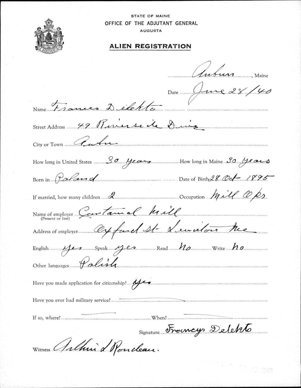 Miniature of Alien Registration- Delekto, Frances (Auburn, Androscoggin County)