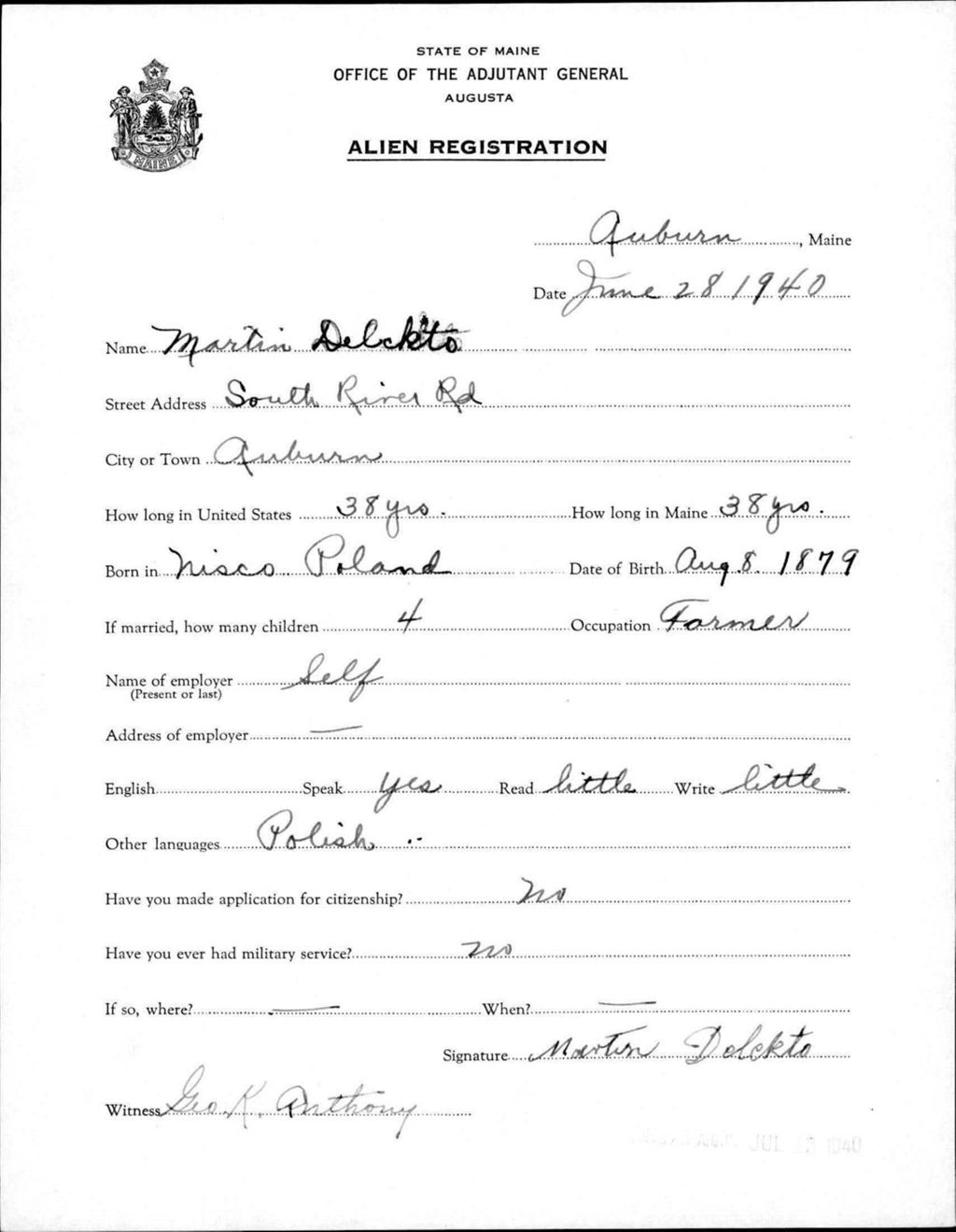 Miniature of Alien Registration- Delekto, Martin (Auburn, Androscoggin County)