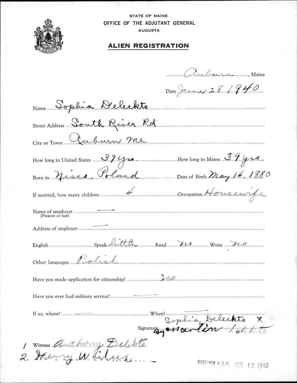 Miniature of Alien Registration- Delekto, Sophia (Auburn, Androscoggin County)