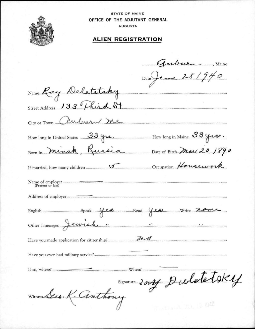 Miniature of Alien Registration- Deletetsky, Ray (Auburn, Androscoggin County)
