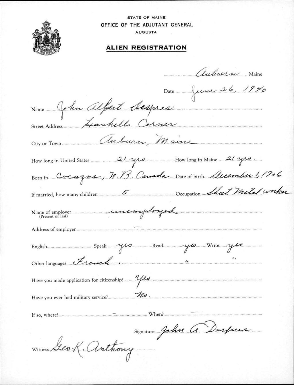 Miniature of Alien Registration- Despres, John A. (Auburn, Androscoggin County)
