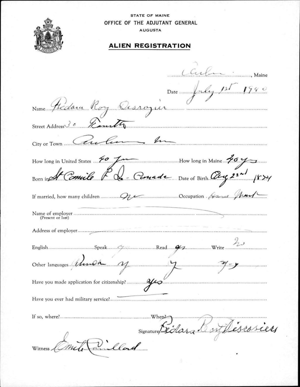 Miniature of Alien Registration- Roy, Fedora (Auburn, Androscoggin County)