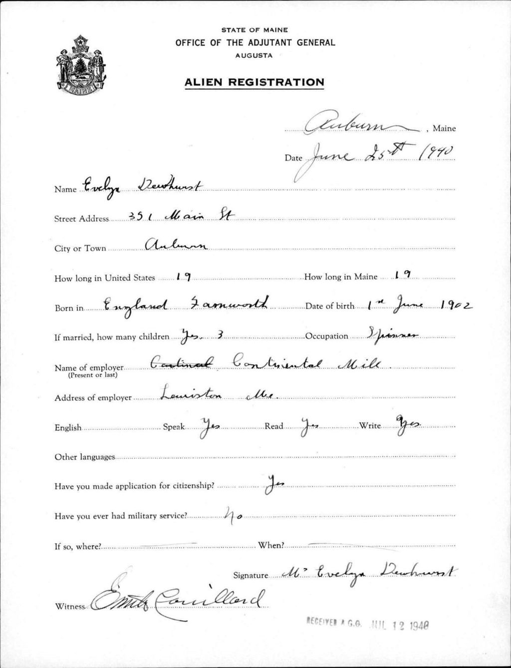 Miniature of Alien Registration- Dewhurst, Evelyn (Auburn, Androscoggin County)