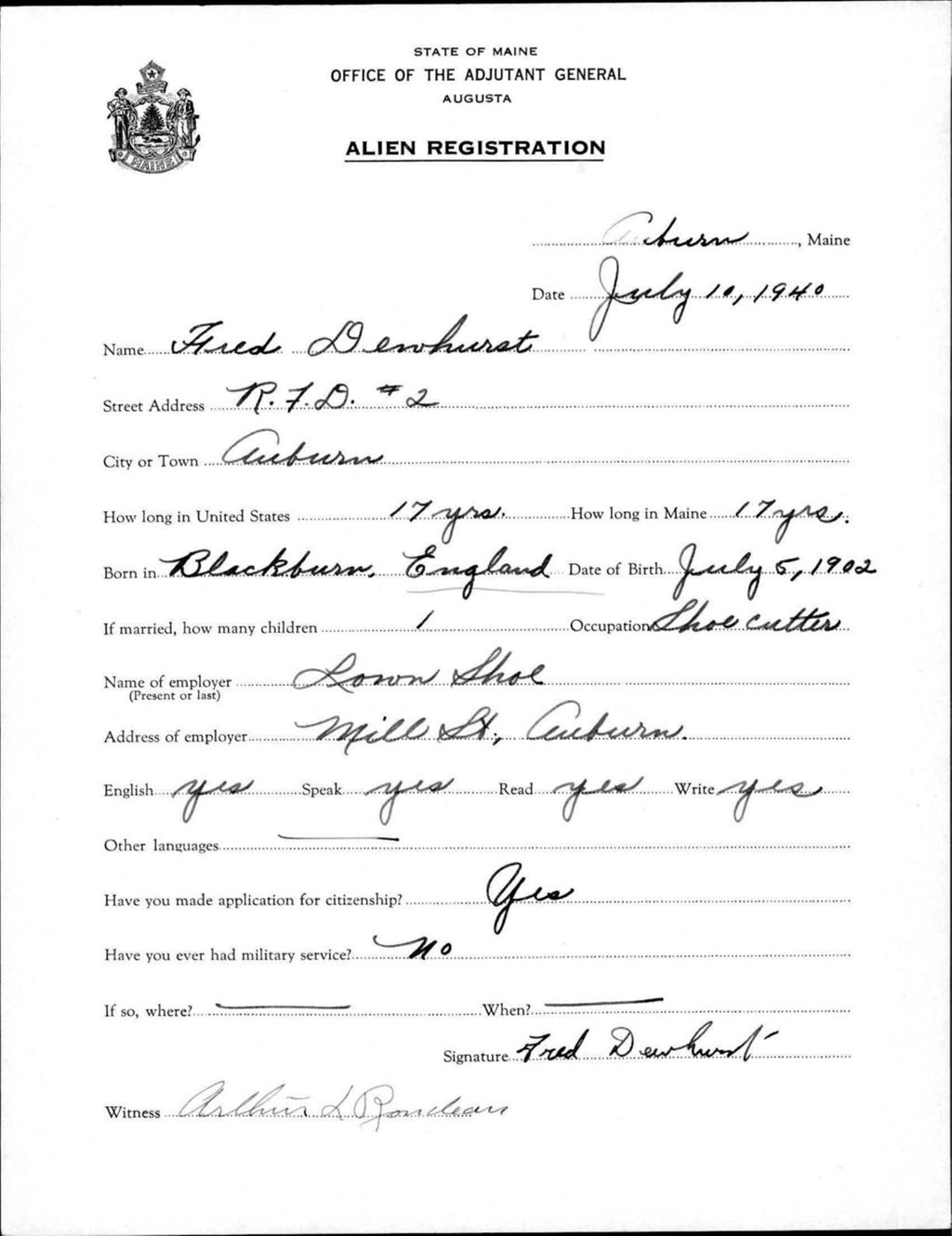 Miniature of Alien Registration- Dewhurst, Fred (Auburn, Androscoggin County)