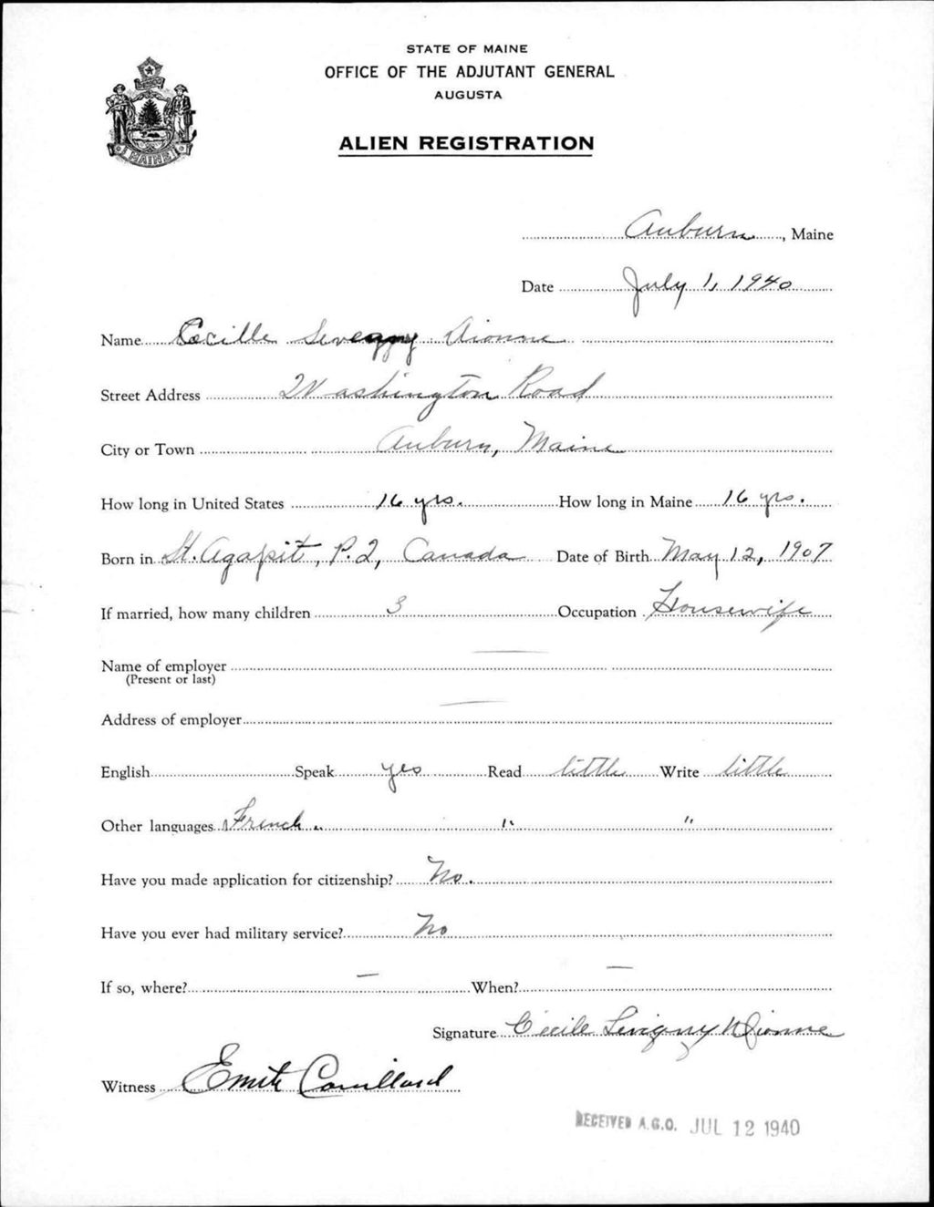 Miniature of Alien Registration- Sevegny, Cecille (Auburn, Androscoggin County)