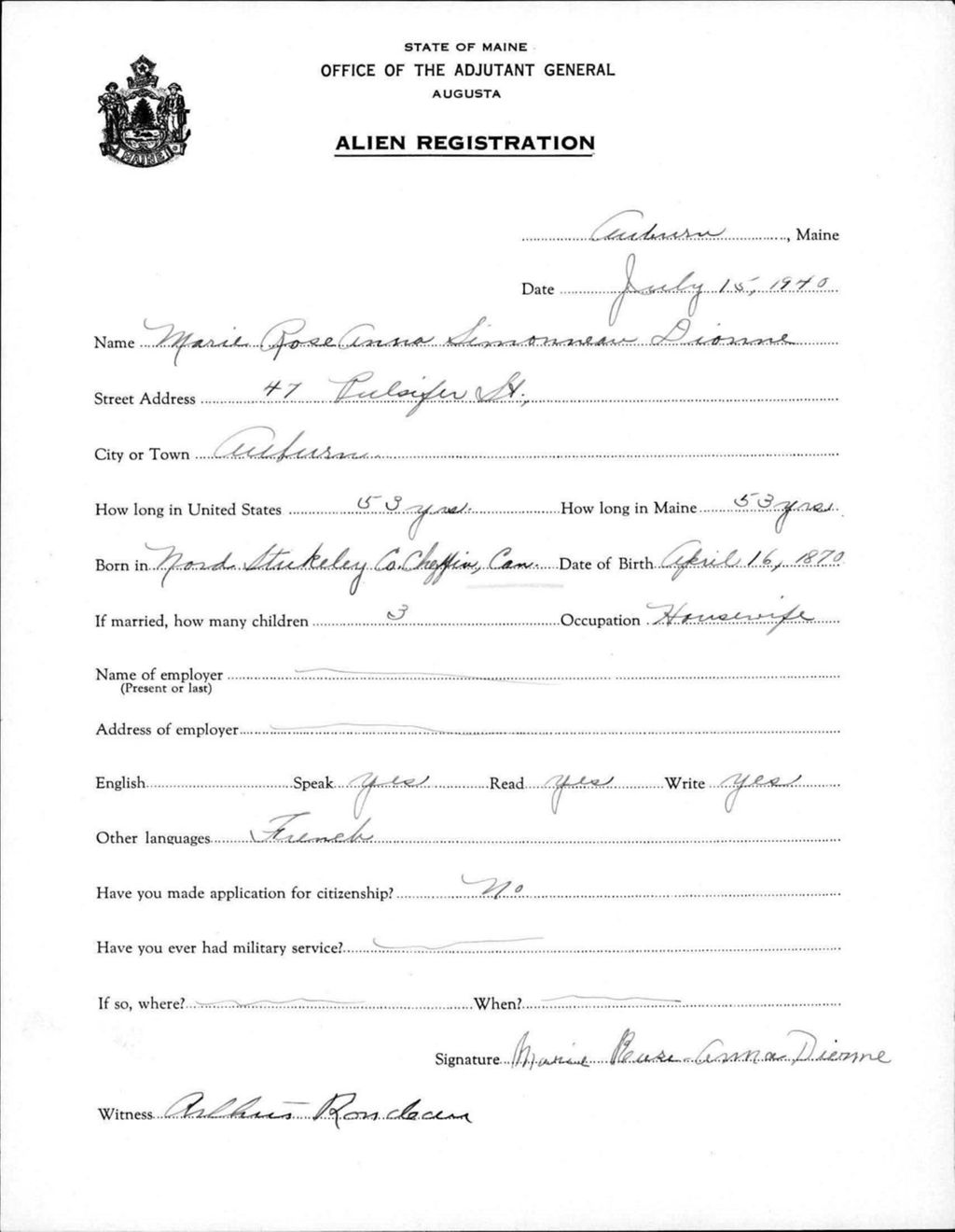 Miniature of Alien Registration- Simonneau, Marie Rose A. (Auburn, Androscoggin County)