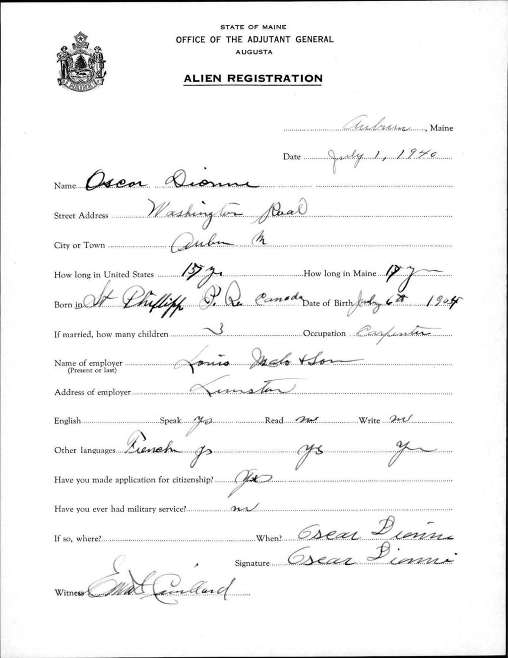 Miniature of Alien Registration- Dionne, Oscar (Auburn, Androscoggin County)