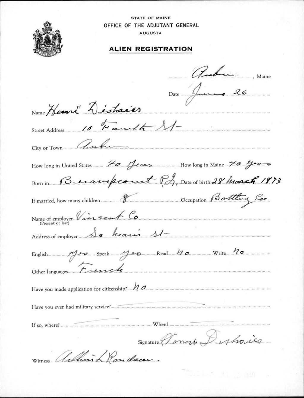 Miniature of Alien Registration- Deshonies, Henri (Auburn, Androscoggin County)