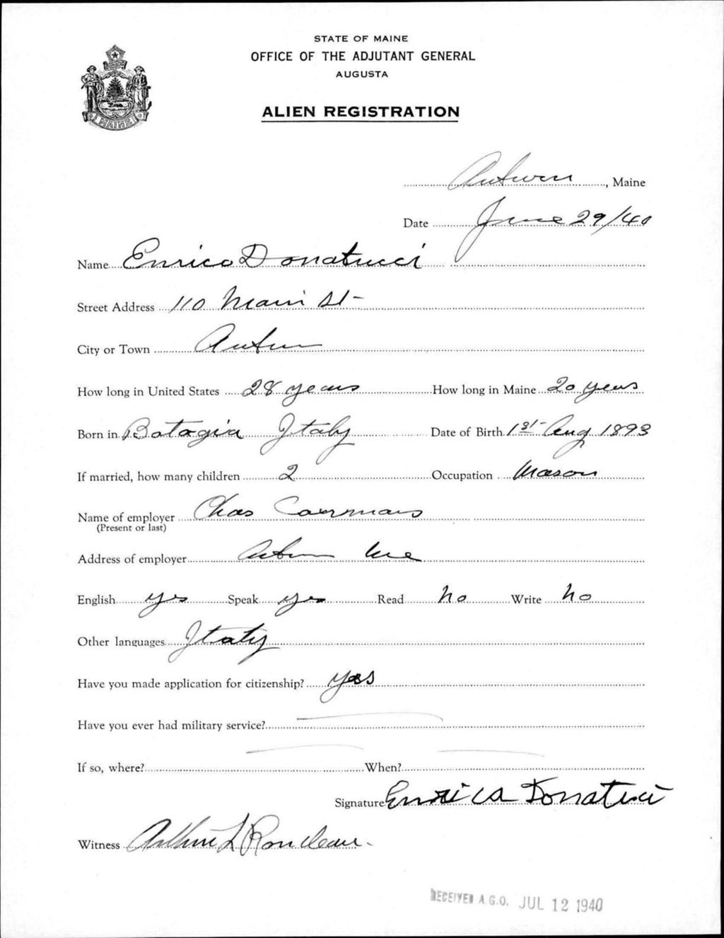 Miniature of Alien Registration- Donatucci, Enrico (Auburn, Androscoggin County)