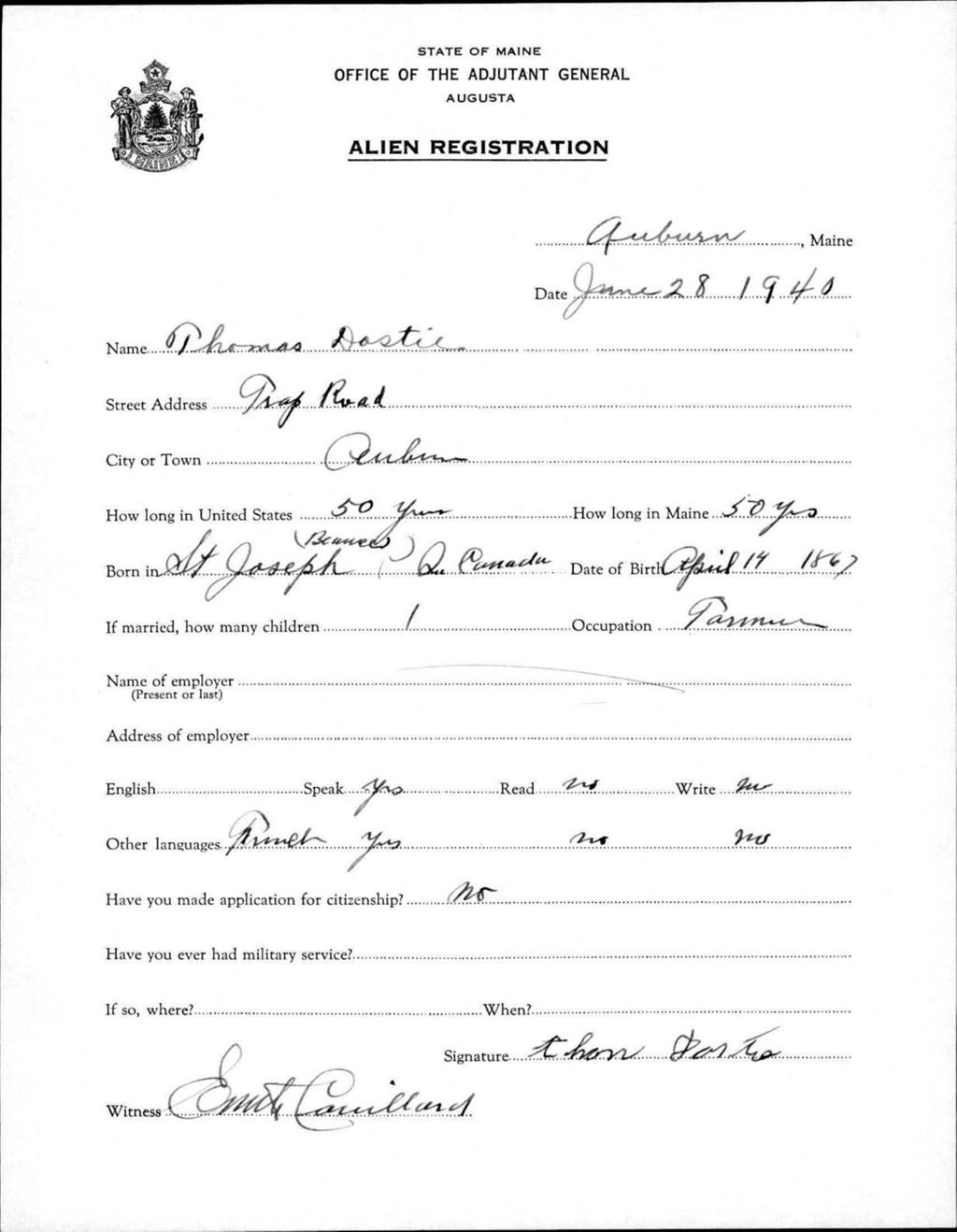 Miniature of Alien Registration- Dostie, Thomas (Auburn, Androscoggin County)