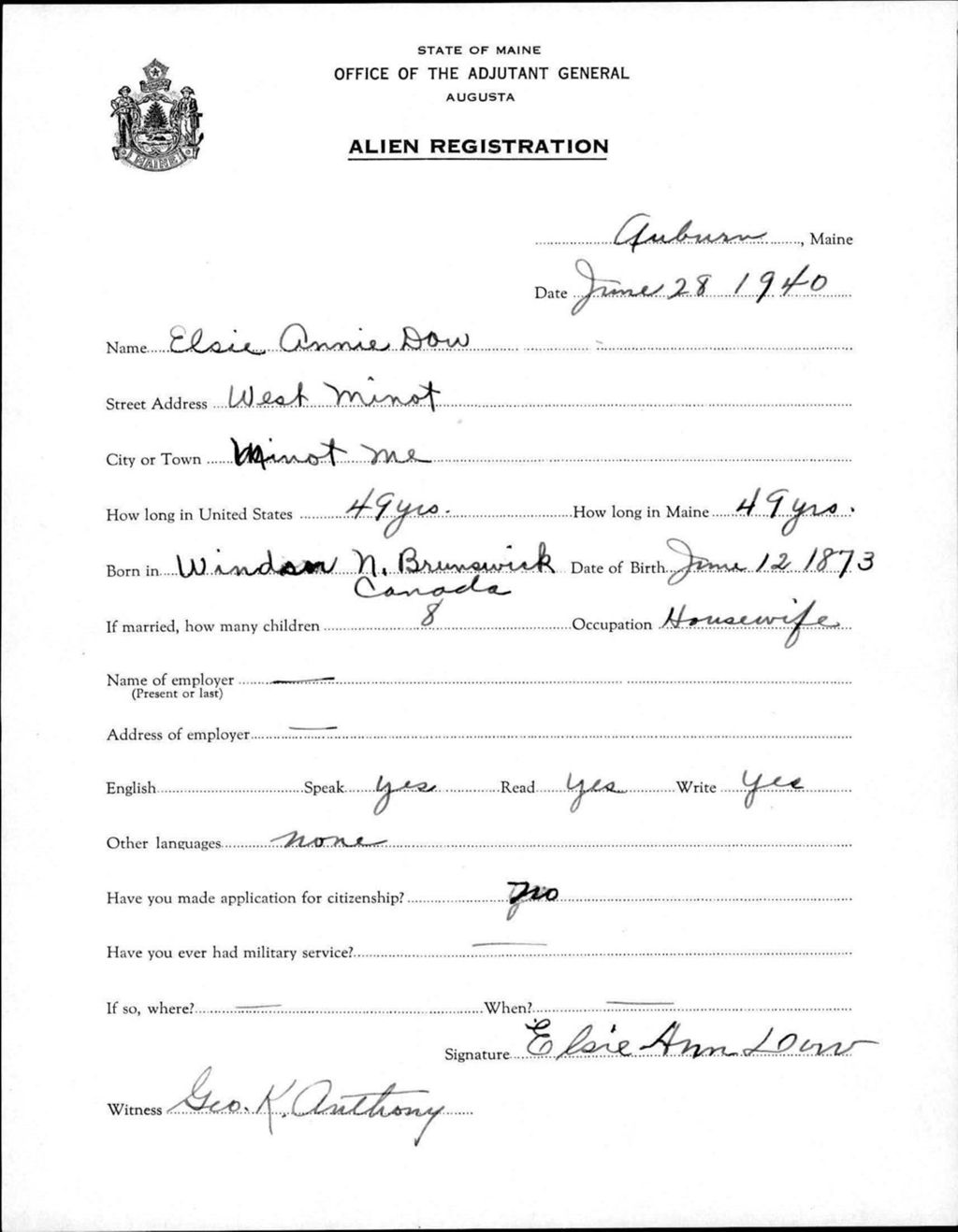 Miniature of Alien Registration- Dow, Elsie A. (Auburn, Androscoggin County)