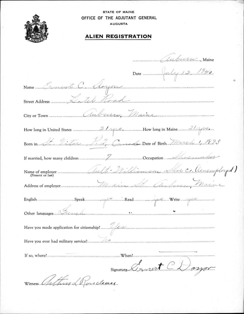 Miniature of Alien Registration- Doyon, Ernest C. (Auburn, Androscoggin County)