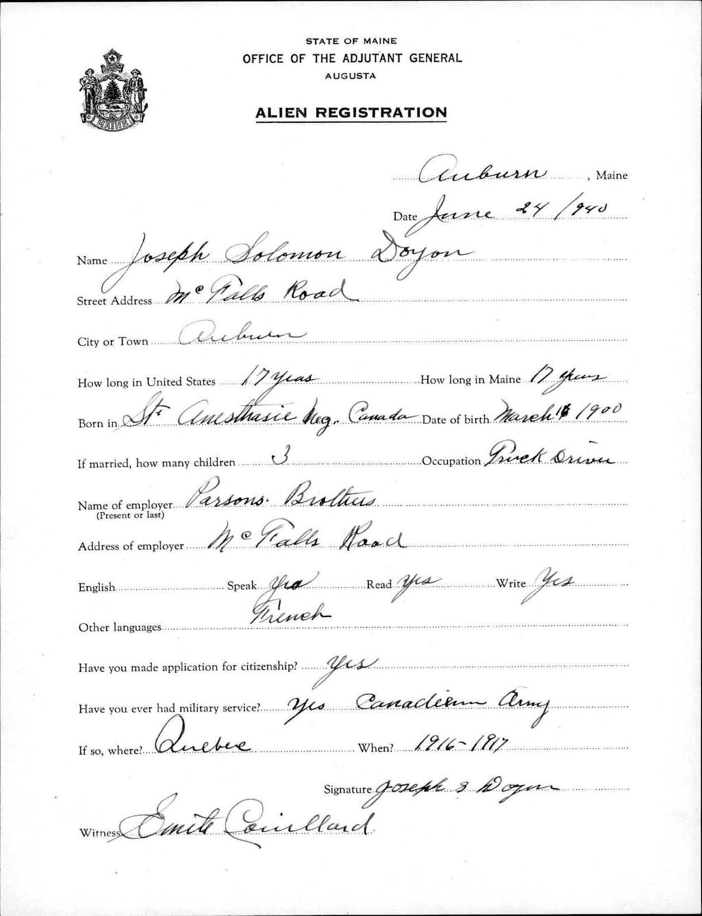 Miniature of Alien Registration- Doyon, Joseph S. (Auburn, Androscoggin County)