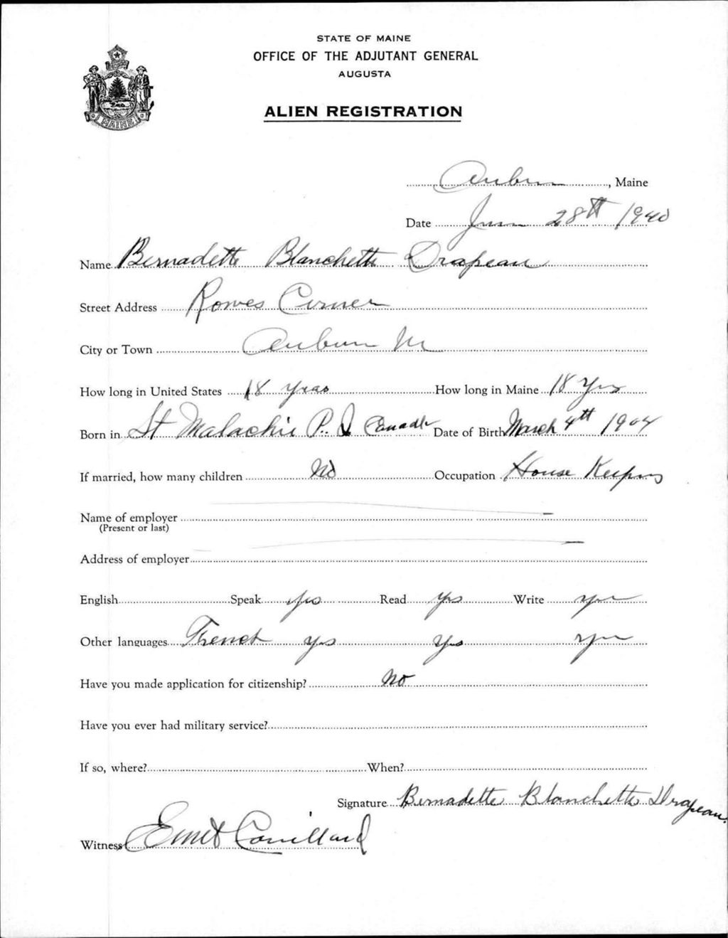 Miniature of Alien Registration- Blanchette, Bernadette (Auburn, Androscoggin County)