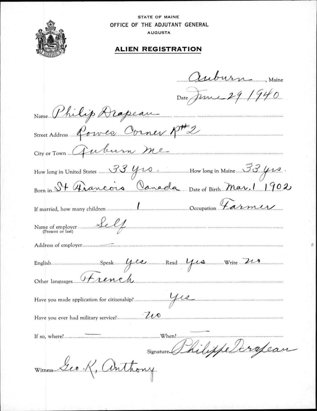Miniature of Alien Registration- Drapeau, Philip (Auburn, Androscoggin County)
