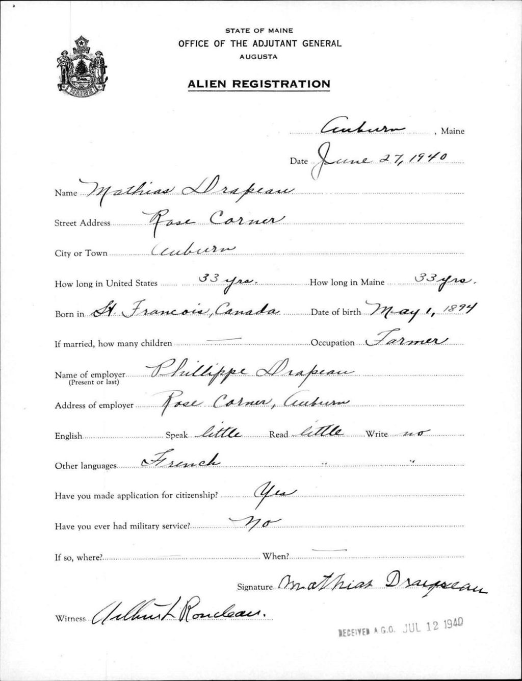 Miniature of Alien Registration- Drapeau, Mathias (Auburn, Androscoggin County)