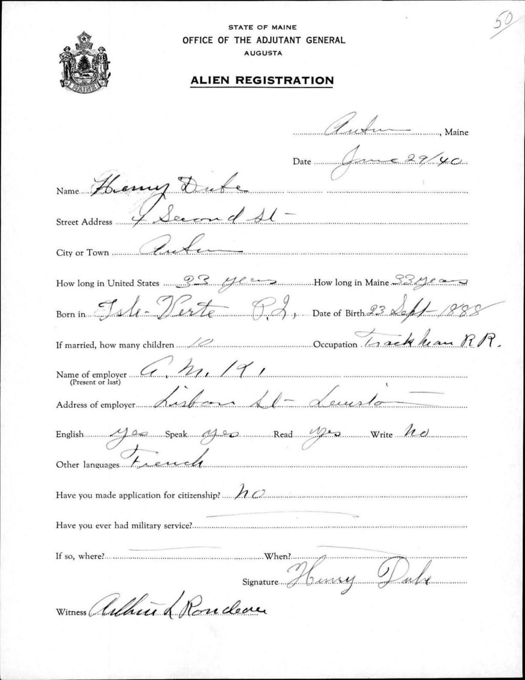 Miniature of Alien Registration- Dube, Henry (Auburn, Androscoggin County)