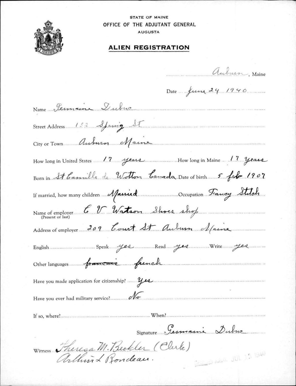 Miniature of Alien Registration- Dubuc, Germaine (Auburn, Androscoggin County)