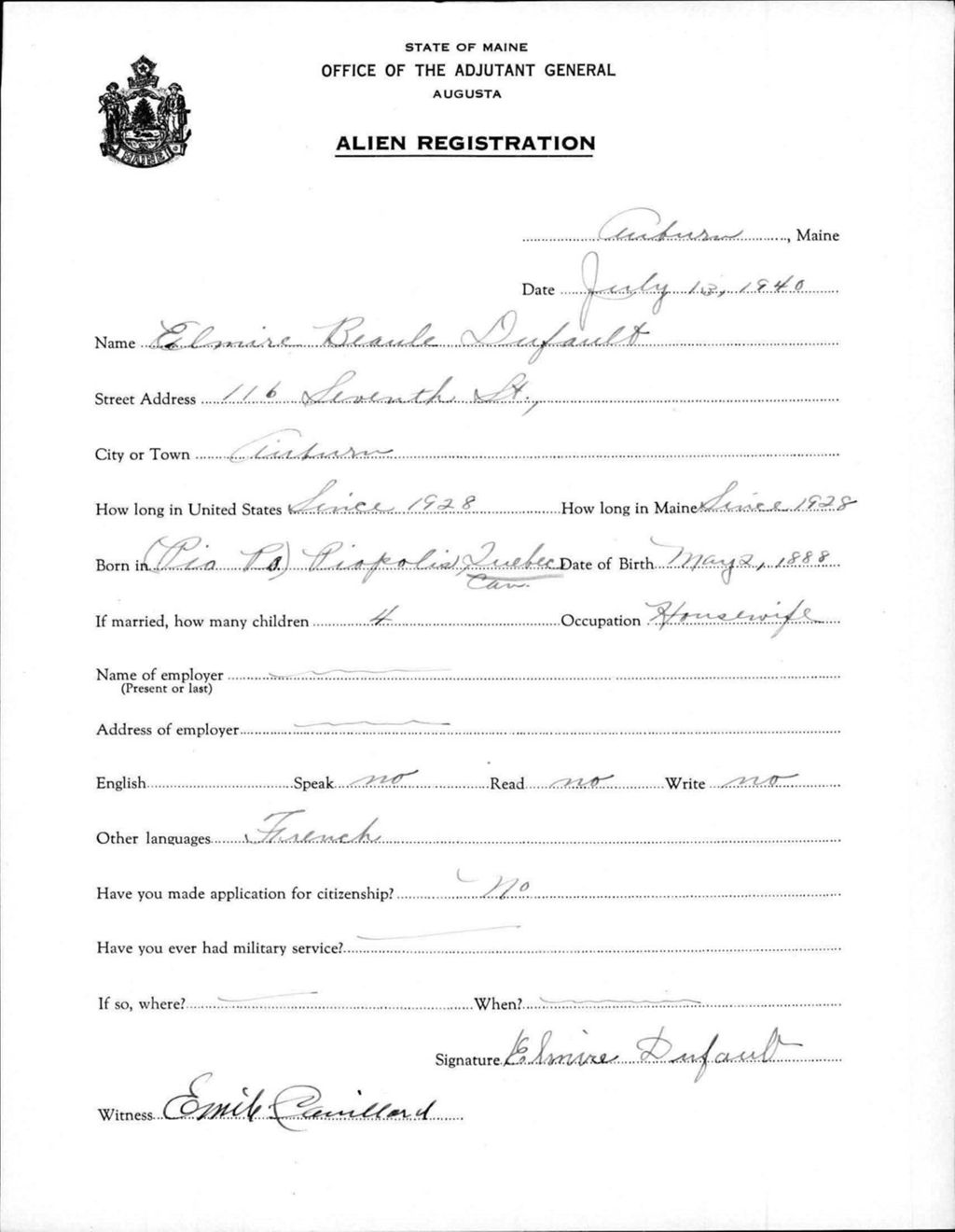 Miniature of Alien Registration- Beaule, Elmire (Auburn, Androscoggin County)