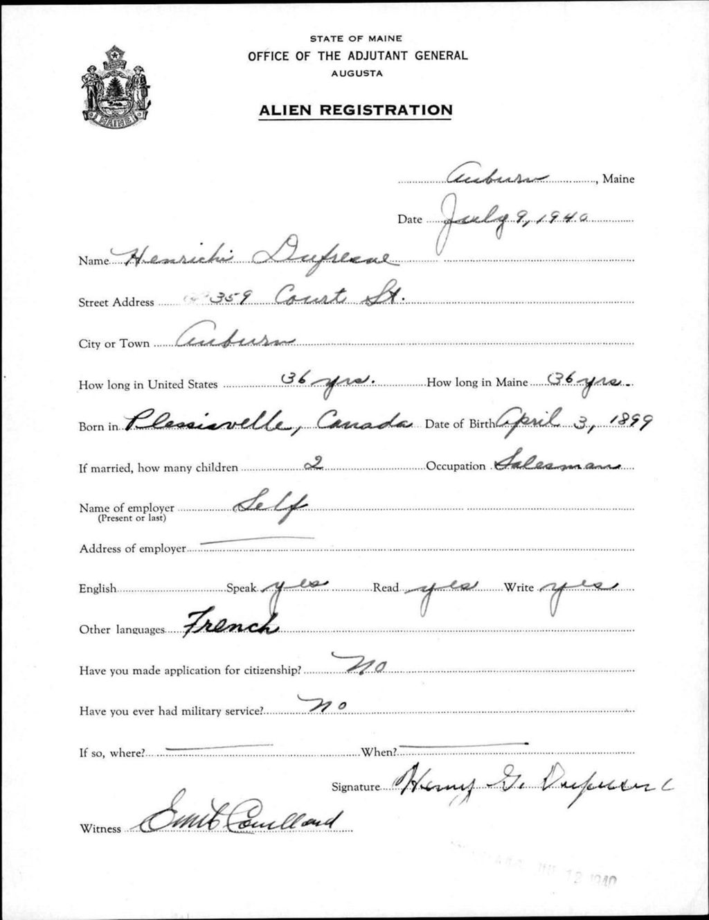 Miniature of Alien Registration- Dufresne, Henrick (Auburn, Androscoggin County)