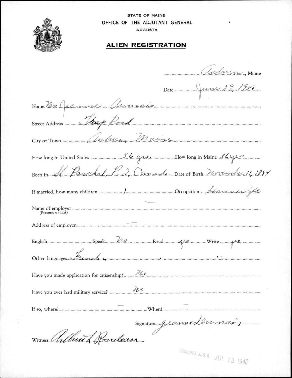 Miniature of Alien Registration- Dumais, Jeanne (Auburn, Androscoggin County)