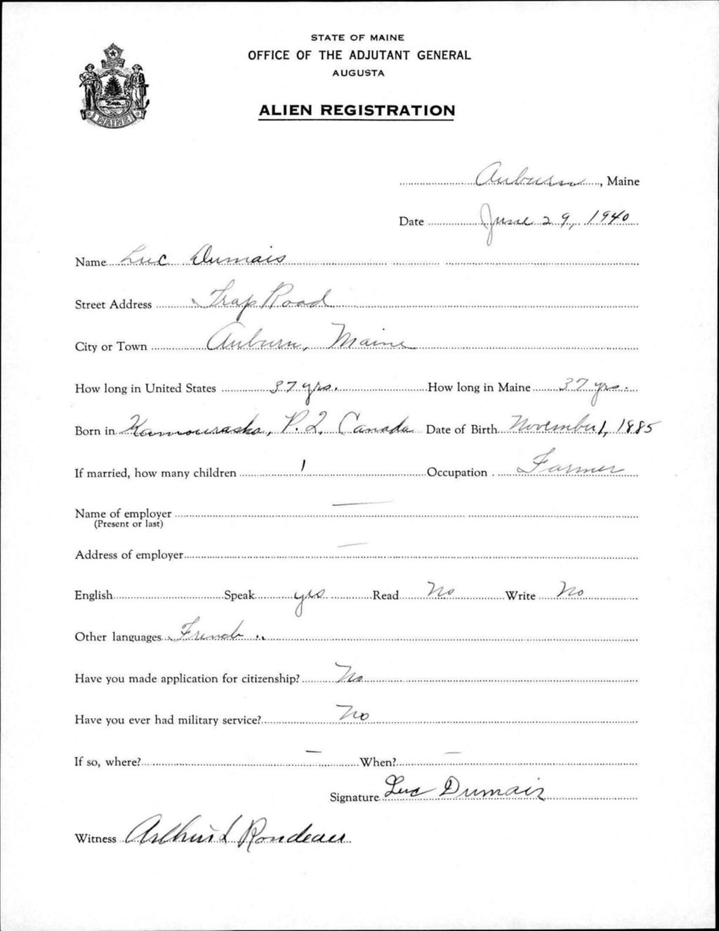 Miniature of Alien Registration- Dumais, Luc (Auburn, Androscoggin County)
