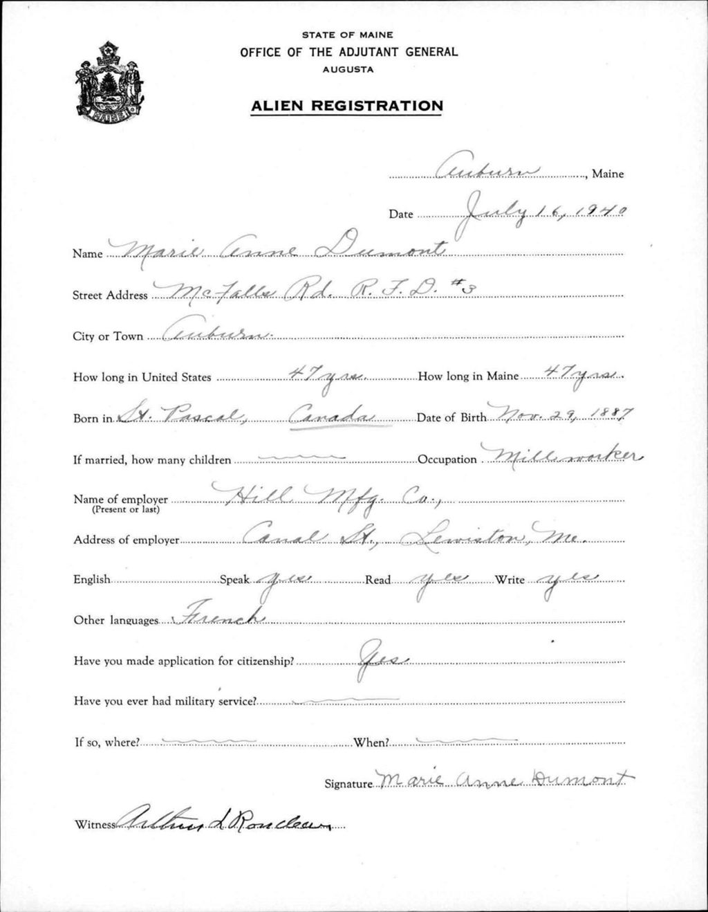 Miniature of Alien Registration- Dumont, Marie Anne (Auburn, Androscoggin County)