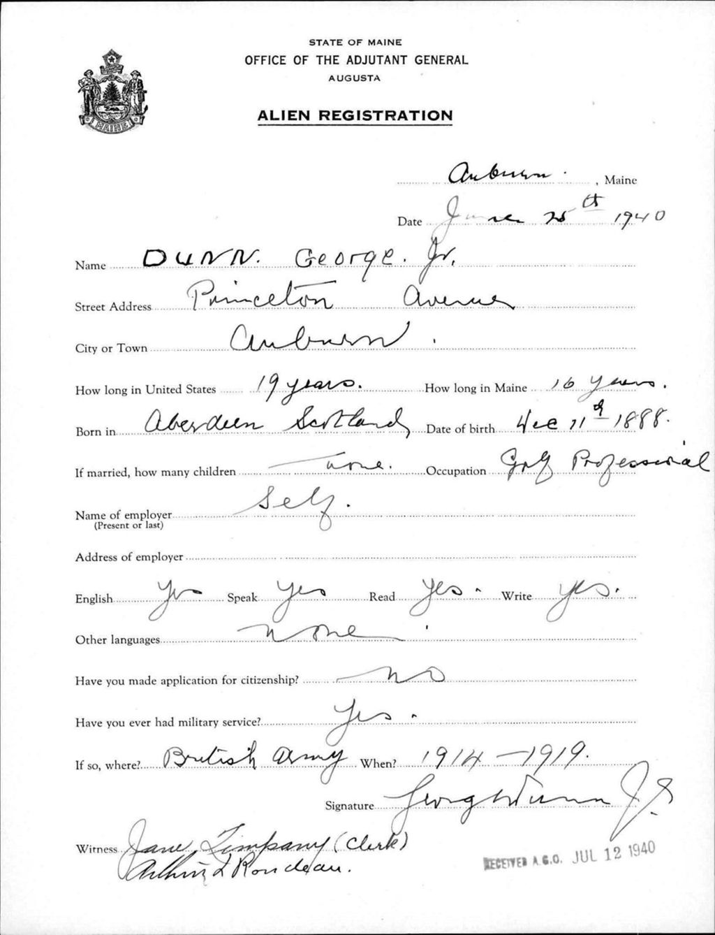 Miniature of Alien Registration- Dunn, George, Jr. (Auburn, Androscoggin County)