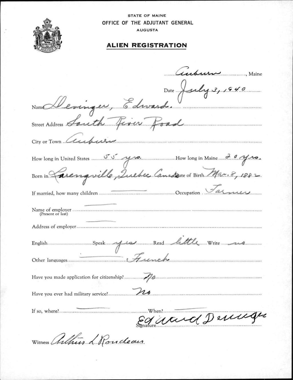 Miniature of Alien Registration- Devinger, Edward (Auburn, Androscoggin County)