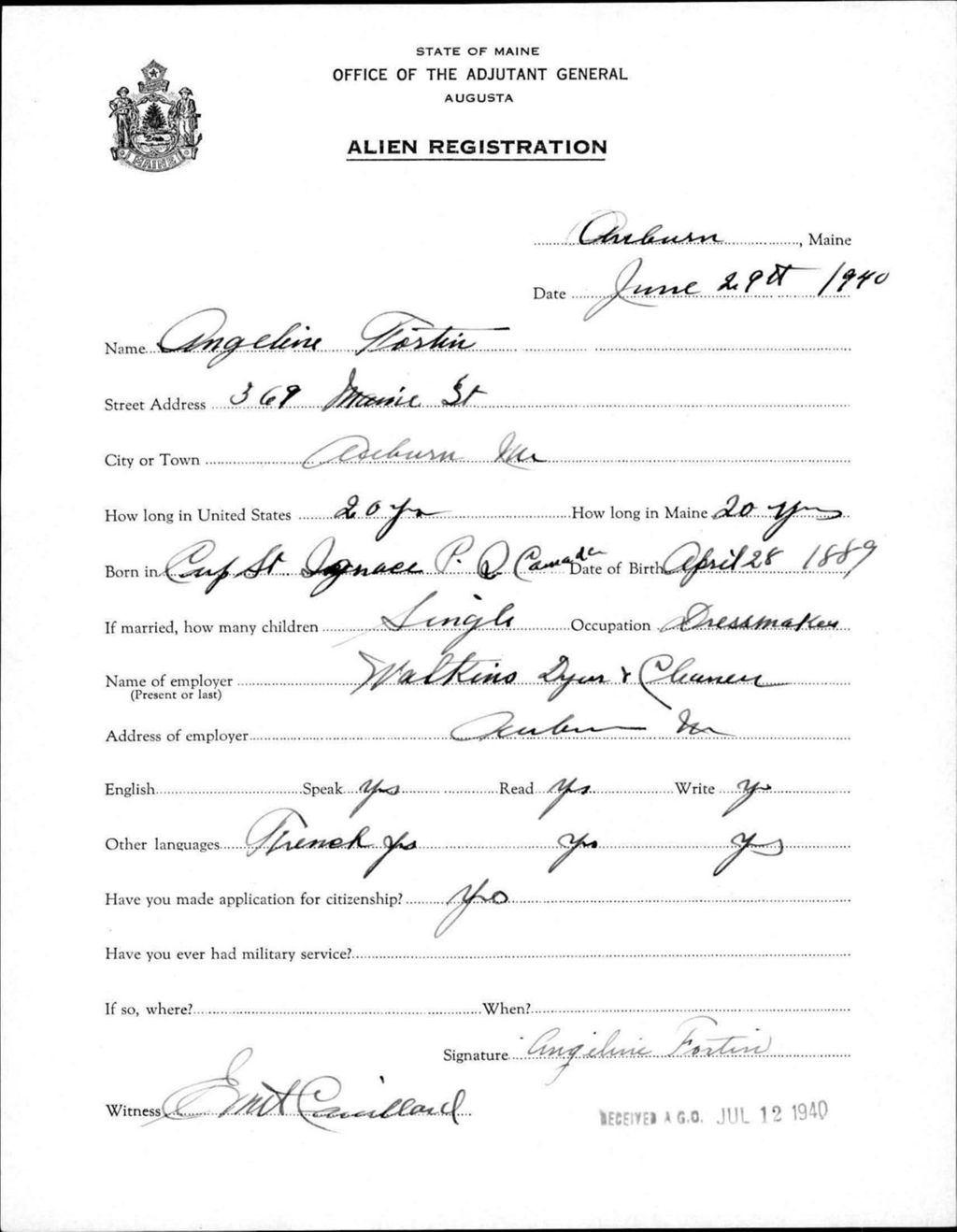 Miniature of Alien Registration- Fortin, Angeline (Auburn, Androscoggin County)