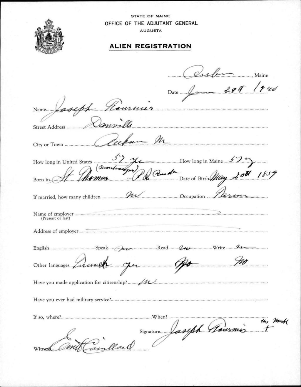 Miniature of Alien Registration- Fournier, Joseph (Auburn, Androscoggin County)