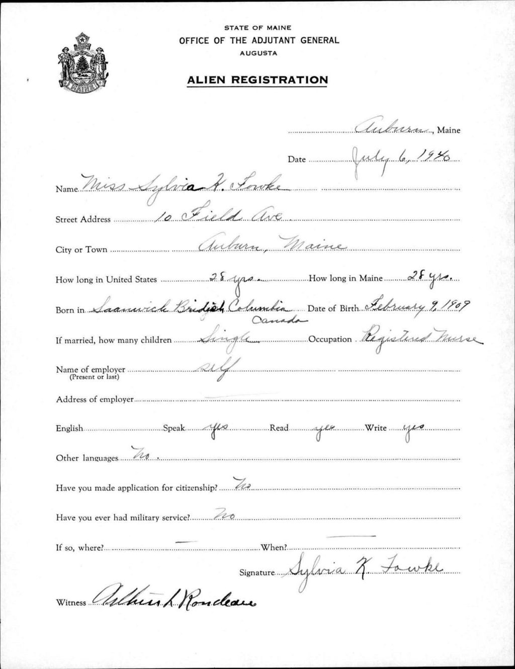 Miniature of Alien Registration- Fowke, Sylvia K. (Auburn, Androscoggin County)