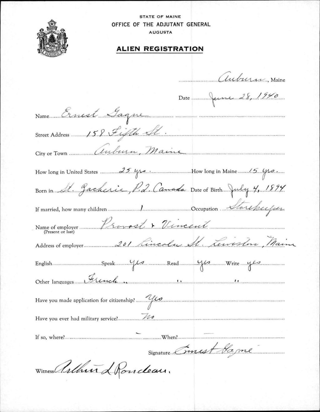 Miniature of Alien Registration- Gagne, Ernest (Auburn, Androscoggin County)
